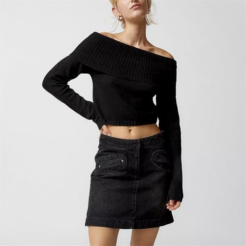 Image of Women Off The Shoulder Sweater Y2k Long Sleeve Boat Neck Knit Cropped Pullover Tops Fall Trendy Going Out Streetwear