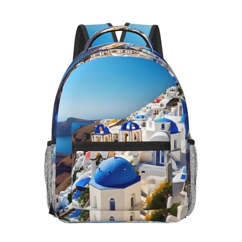 Sac à dos ordinateur portable Santorini rembourré avec motif île grecque mer
