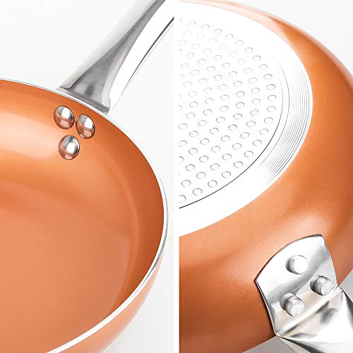 Shineuri 9.5 Inch Copper Fry Pan With Lid, Nonstick Omelet Pans - Perfect For Stir Fry, Sauce & Baking, Compatible For Induction, Gas, Electric & Stovetops, Perfect For 2-3 Person Meal #TOP4