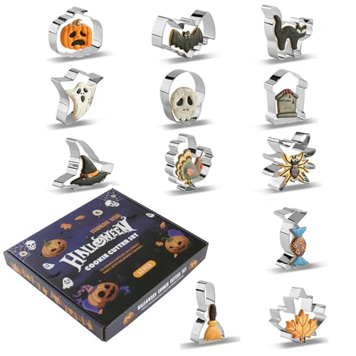 SurgeHai Halloween Cookie Cutters Set of 12, Stainless Steel Halloween Cookie Shaped Mold Includes Pumpkin, Cat, Bat, Ghost and Witch Hat Shapes for Halloween Food Party Decorations (Gift Box) SurgeHai Halloween Cookie Cutters Set of 12, Stainless Steel Halloween Cookie Shaped Mold Includes Pumpkin, Cat, Bat, Ghost and Witch Hat Shapes for Halloween Food Party Decorations (Gift Box)