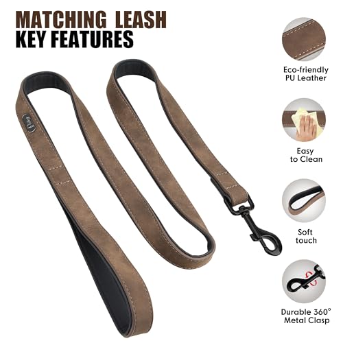 Image of Didog PU Leather Dog Collar and Leash Set, Soft Padded, Brown, Neck 18-22 inch