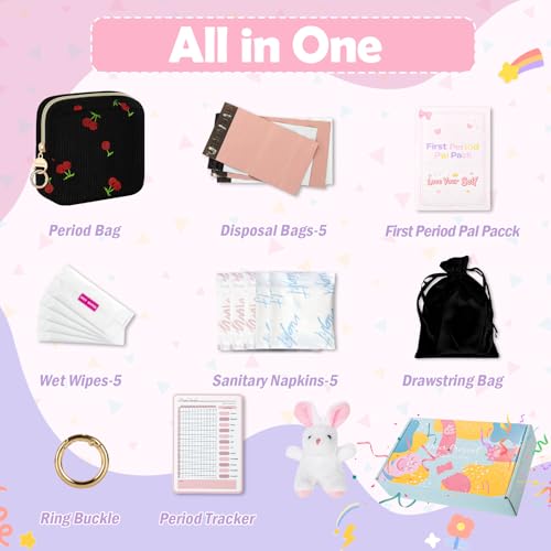 Image of First Period kit for Girls, Corduroy Cute Sanitary Napkin Storage Bag, Menstrual Pad Bag Tampon Holder for Purse, First Period Gifts (Cherry-Black)