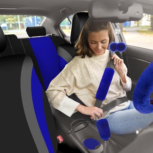 ROCEEI 43 Pcs Car Seat Cover Full Set Fuzzy Car Accessories for Women Christmas Front Rear Cover Fluffy Steering Wheel Cover Belt Handbrake Shift Cover(Blue) - Thumbnail 7