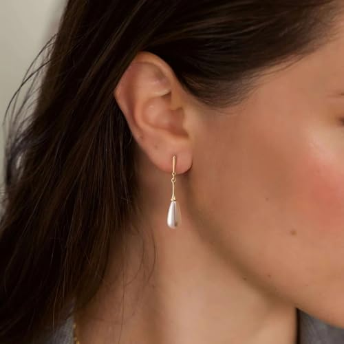 Pearl Earrings: 14k Gold-plated Dainty Pearl Drop Dangle Huggie Hoop Earrings for Women4