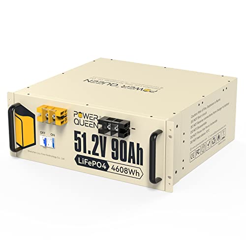 Power Queen Batterie Lithium 51.2V 90Ah, 4.60kWh Deep Cycle LiFePO4 Batterie Power Built-in 100A BMS, 4000-15000 Cycles &10-Year Lifetime, Pour Camping Car, Système Off-Grid, Bateau, Caravane, Solaire