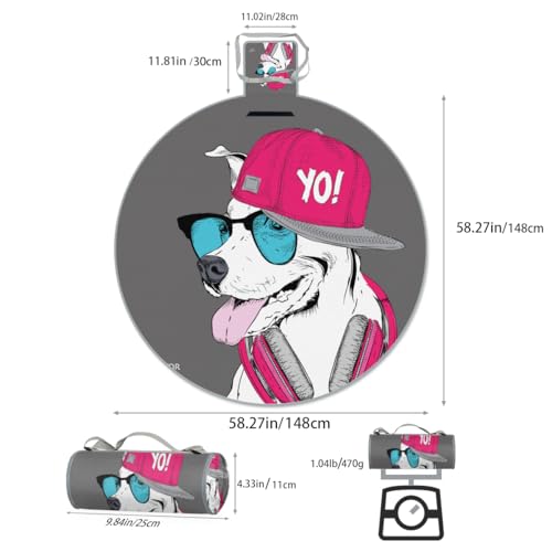 Shimoshe Hat Glasses Headset Dog Picnic Outdoor Blanket Foldable Waterproof Sandproof Beach Blanket Portable Water-Resistant Round Picnic Mat for Travel Camping Park Lawn