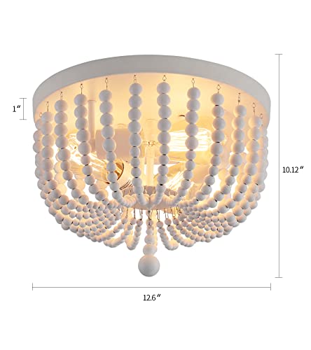 Q&S White Boho Beaded Chandeliers Flush Mount Ceiling Light,3-Lights Small Chandelier Light Fixture for Bedroom,Kitchen,Dining Room,Living Room,Stairway Gazebo - Image 2