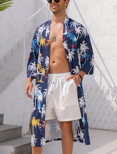 ODIZLI Men's Kimono Robe Tropical Print Long Sleeve Open Front Robe with Belt Japanese Bathrobe Nightgown for Beach Vacation3