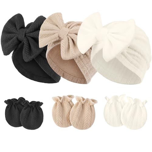 Image of Newborn Baby Hats and Mittens Set Infant Bow Beanie Cap Toddler Gloves Newborn Hospital Hats for Baby Boy Girl 0-12 Months