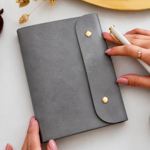 Image of The Messy Corner Leather Button Diary | A5 Travel Dairy for Men and Women | Vegan & Premium Quality | 80 GSM, 140 Ruled Pages - Stylish Grey Notepad