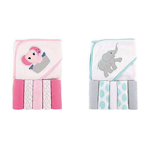 Luvable Friends Unisex Baby Hooded Towel with Five Washcloths, Pink Elephant, One Size and Luvable Friends Unisex Baby Hooded Towel with Five Washcloths, Ikat Elephant, One Size