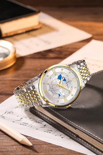 Image of London Fog Baker Collection Analog Quartz Watch for Men, Round World Map Dial with Month Markers & Crystal Accents, Luminous Hands, Stainless Steel Strap - LFM10009