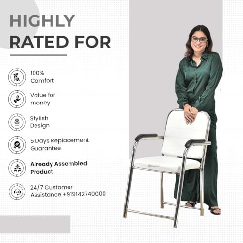 Image of Office Chair Visitor Chair with arm Rest with Steel Frame and Cushioned seat Back, Chair Without Wheels Holds up to 140 kg Heavy Design (1, White, Heavy)