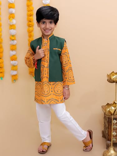 Image of The Mom Store Boys Printed Cotton Kurta Pajama Set With Jacket | Soft And Comfortable Ethnic Wear For Baby /Kids Boys | Full Sleeves Kurta Pyjama Set | Traditional Indian Outfit
