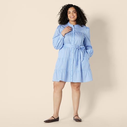 Image of Amazon Essentials Women's Regular-Fit Cotton Sateen Tiered Shirt Dress with Puff Shoulder Sleeves, Collar Band, Button-Front