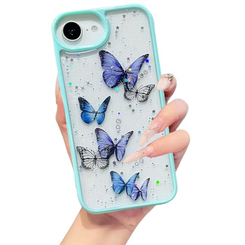 Image of VONZEE Clear Glitter Butterfly Case for iPhone 16e /17e Cover | Cute Bling Sparkle Transparent Soft TPU Bumper | Shockproof Slim Protective Back Cover for Girls & Women (Mint Green)