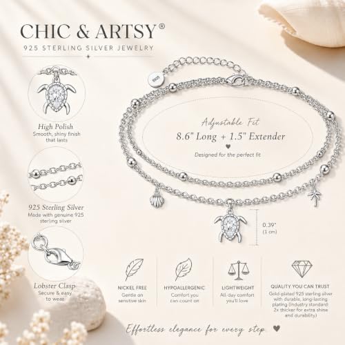 Image of CHIC & ARTSY 925 Sterling Silver Layered Anklets for Women, Adjustable Cable Chain Multilayer Beach Foot Jewelry, Nickel Free Hypoallergenic Summer Anklet 10-11 Inches