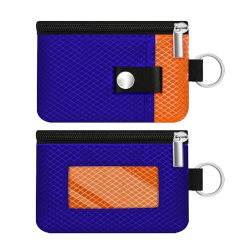Image of Minimalist RFID Blocking Small Wallet with ID Window,WaterResistant Zip Id Case Wallet with Lanyard Keychain for Cards,Cash,Travel,Women,Men (Sapphire Blue /Orange)