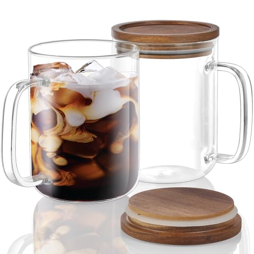 Set 2 Tazas de Vidrio para Café 12 oz con Tapa Madera miniatura 1