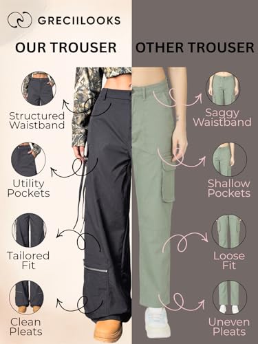 Image of GRECIILOOKS Cargo Pants for Woman | Trousers for Womans |High Waist Cotton Trouser Flared Parachute Pants with Side Pockets |Womens Cargo Pant | Elegant for College & Events (Available in Plus Size)