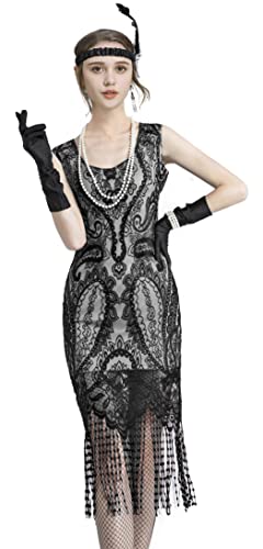 Image of Women 1920s Gatsby Flapper Dress Sexy Open Back Strap Fringed Cocktail Party Dress with 20s Accessories