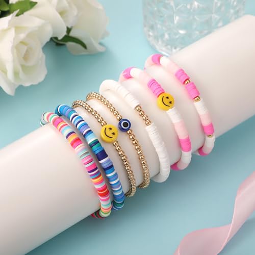 Image of Preppy Bracelets Set Colorful White Gold Smile Heart Star Polymer Beaded Pearl Clay Stackable Charm Y2K Kidcore Aesthetic Summer Beach Bohemian Stretch Layering Bracelets Jewelry for Girls Women Teens