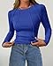 KIRUNDO Ribbed Long Sleeve Tops for Women Stretch Slim Basic Crop Tee Exposed Seams 2025 Spring Fall Fashion Trendy Tshirt(Blue, Small)