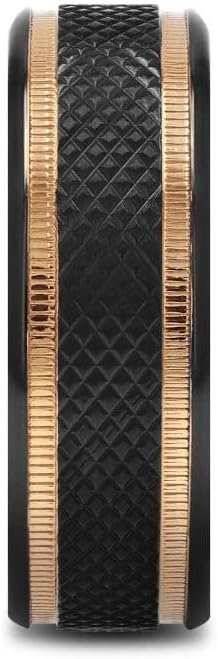 BAROQUE Black Titanium Diamond Pattern Brushed Finish Men’s Wedding Ring with Gold Milgrain Grooves – 8mm