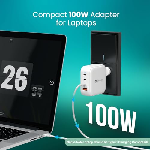 Image of Portronics 100W Adapto 100 Pro Fast Charging Four Port Adaptor with 1.5M Type C Cable, 3 Type C PD Port, 1 USB-A Mach Port, GaN Technology, Fast Charging Compatible with Laptops, Macbooks, Smartphones