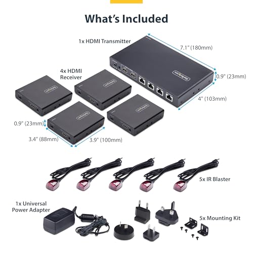 Image of StarTech 1x4 HDMI Extender Splitter Over CAT6, 4K 60Hz, 230ft, 4-Display | One transmitter to four receivers, Power over cable, 2ch audio, No drivers, Boardroom and signage, Wall or ceiling