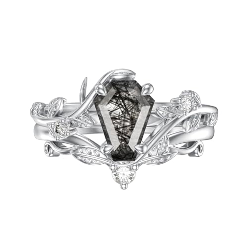 Luyona Natural Black Rutilated Quartz Rings for Women 925 Sterling Silver Leaf Coffin Cut Black Rutilated Quartz Engagement Ring Set Promise Bridal Anniversary Birthday Jewelry Gift Size 7