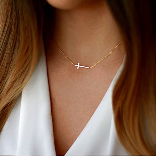 Pencros Gold Sideways Cross 18K Gold Filled Horizontal Small Cross Pendant Religious Jewelry For Women Girls #TOP1
