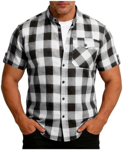 Men's Casual Short Sleeve Button Down Shirt, Checkered Pattern Stand Collar Top with Chest Pockets for Summer Wear Black