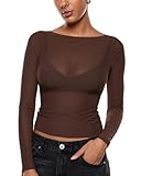 INLYRIC Women's Cosnufy Mesh Sheer Long Sleeve Tops See Through Boat Neck Going Out Tops Trendy Sexy Shirts Hazelnut Small