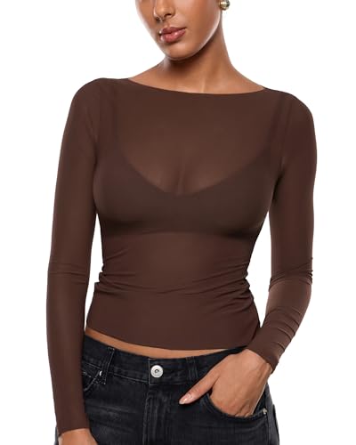 INLYRIC Women's Cosnufy Mesh Sheer Long Sleeve Tops See...