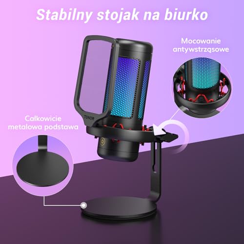 TONOR TC320 Mikrofon USB z kontrolą RGB/wzmocnienia, wyciszenie dotykowe do streamowania, podcastów, Twitch/YouTube/Discord, mikrofon komputerowy ze stojakiem na Mac/PS4/PS5/NS czarny