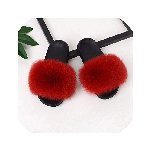2019 Real Fur Slippers Slides Shoes Furry Fluffy Slipper Flip Flops Sandals Sliders Drag Sandal Summer Women,Wine Red,6.5