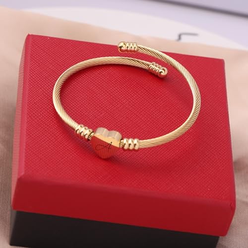 Image of MYNENEY Gold /Rainbow Stainless Steel Bangles Jewery for Birthday Halloween Heart Initial A-Z Letters Bracelets for Girls