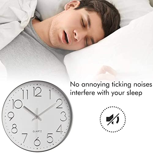 Image of TEKCOOL Digital Wall Clock 12 inch Silent Quartz Decorative Non-Ticking Classic Clock Battery Operated Round Easy to Read for Room /Home /Kitchen /Bedroom /Office /School- (White Silver);