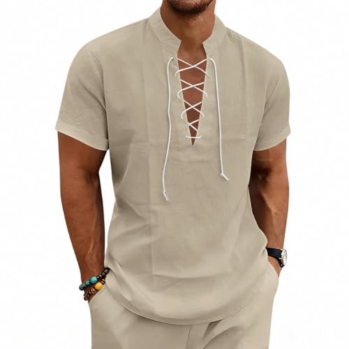 Camisa de playa para hombre en lino con cordones para vacaciones de verano