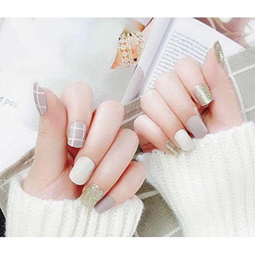 Sethexy Matte False Nails Gray Short Full Cover Grain Glitter Art Design 24Pcs Fake Nails for Women and Girls