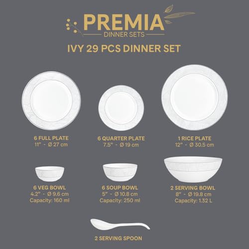 Image of Larah by Borosil 29pc Opalware Ivy Dinner Set for Family of 6 | Microwave & Dishwasher Safe Crockery Set for Dining & Gifting | Plates & Bowls