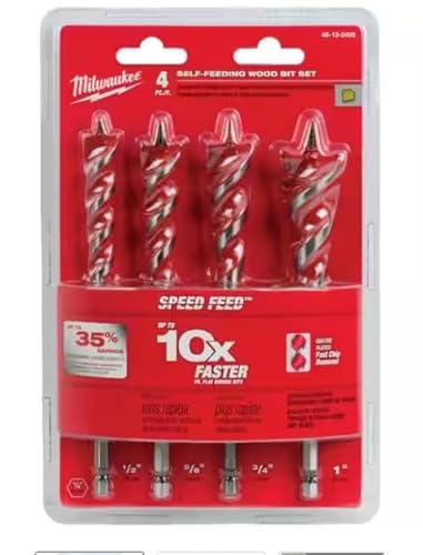 Milwaukee 48130400 4 Piece Self-Feeding Wood Bit Set For Soft & Hard Wood, Stainless