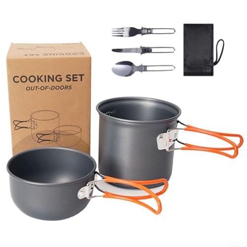 Jonikuper Batterie de cuisine de camping en plein air pour 1 à 2 personnes, ensemble de casseroles et poêles en aluminium anti-adhésif portable avec poignées pliables, compact et léger (poignée