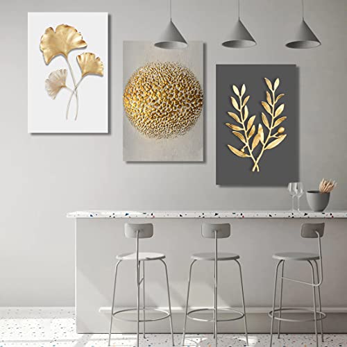 Wowgoomo 3 Piece Modern Gold Botanical Wall Art For Living Room Ginkgo Jujube Leaf Plant Pictures Print On Canvas For Bedroom Bathroom Decor Multipanel Framed Nature Artwork Ready To Hang, 16X24 Inch #TOP5
