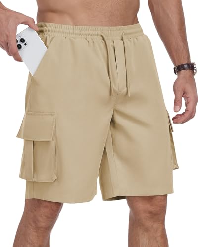 DOWMQ Mens Cargo Shorts Elastic Waist Drawstring Hiking Shorts for Men Stretch Casual Short with 5 Pockets Khaki