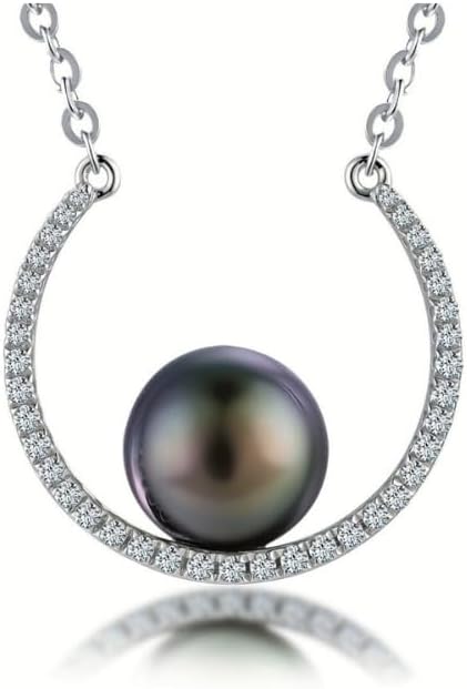 Lunar Belle 925 Silver Tahitian Black Pearl Pendant Necklace with Moissanite Halo, Gift for Wife Mother's Day Anniversary (Ocean Crescent)