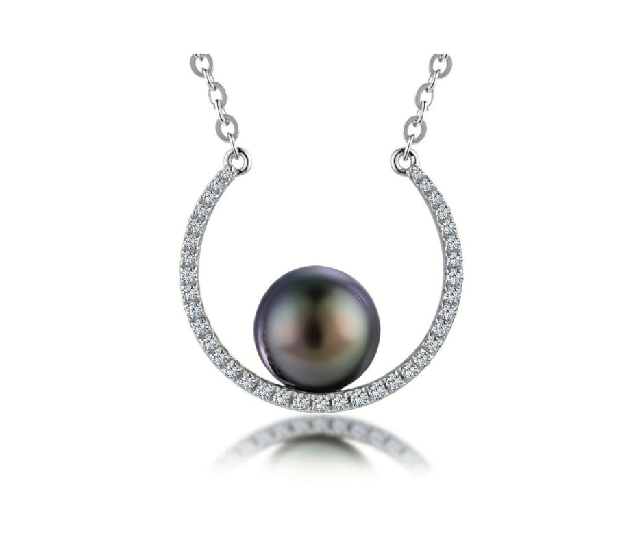 Lunar Belle 925 Silver Tahitian Black Pearl Pendant Necklace with Moissanite Halo, Gift for Wife Mother's Day Anniversary (Ocean Crescent)