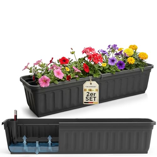 Hausfelder Blumenkasten 80 cm mit Wasserspeicher 2er Set, Balkonkasten mit Bewässerungssystem und Wasserstandsanzeige, Pflanzkasten für Innen und Außen, Anthrazit-Schwarz (80x22x18cm)