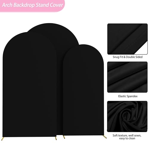 Image of Wokceer Wedding Arch Cover (7.2FT, 6.6FT, 6FT) Set of 3 Spandex Fitted Wedding Arch Stand Covers Round Top Chiara Arch Backdrop Stands Cover for Birthday Party Wedding Ceremony Decor Black